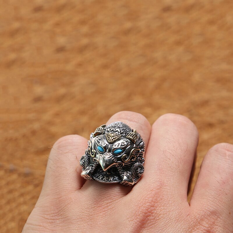 Anello di 100% Reale 925 Gioielli in argento sterling Epoca Animale Desert Eagle Intarsiato Pietre Anello Regolabile Donne Degli Uomini Dei Monili FR35