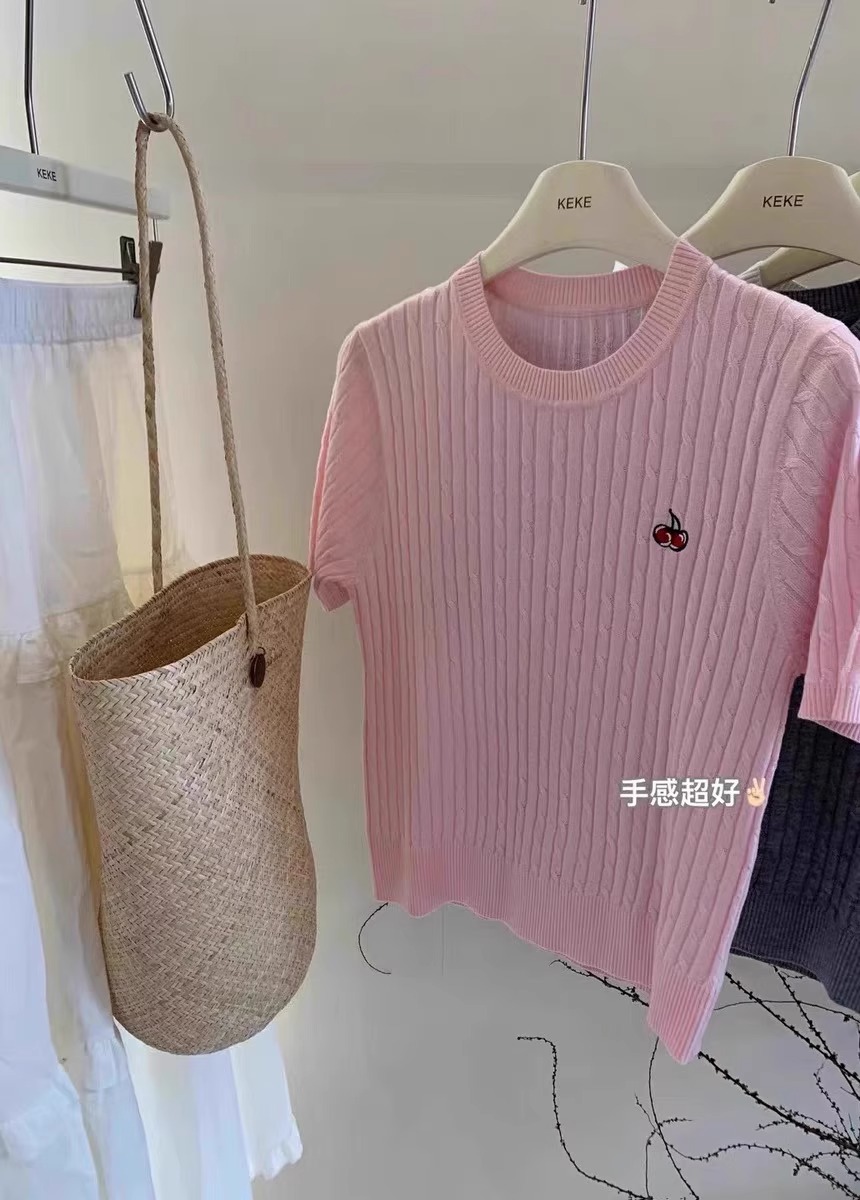 Camisola de caxemira bordada cereja feminina, manga curta, gola redonda, meia manga fina, camiseta de verão, estação europeia: S / Cinza escuro
