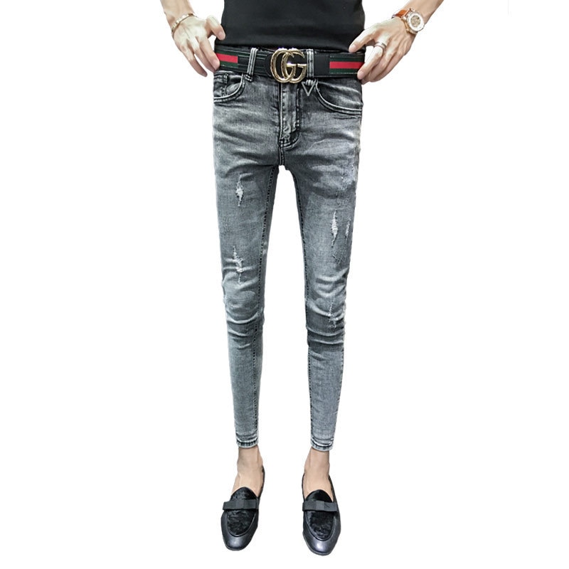 Socialstudenter kille fotled byxor man tighta fötter man grå skinny jeans homme slits hål cowboy penna byxor