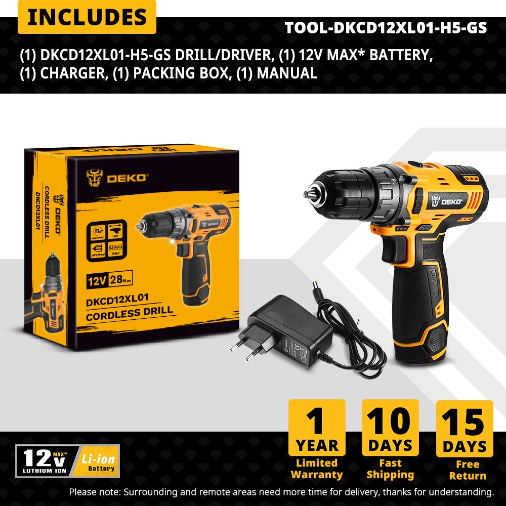 DEKO-taladro con batería de iones de litio, 12V, 1.5AH, DKCD12XL01, 18 + 1 ajustes,: DKCD12XL01-H5