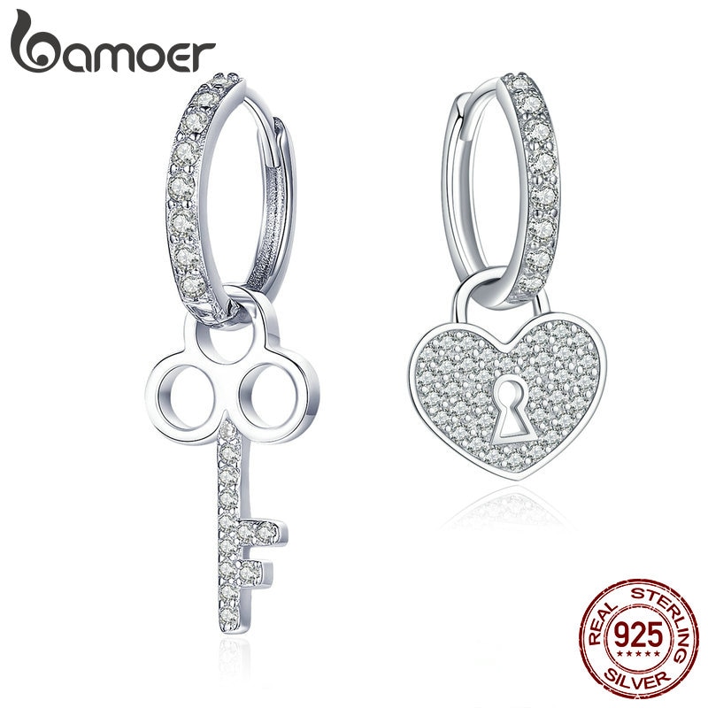 BAMOER Classic 100% 925 Sterling Silver Love Heart Shape Key Lock Earrings for Women Wedding Engagement Jewelry SCE577