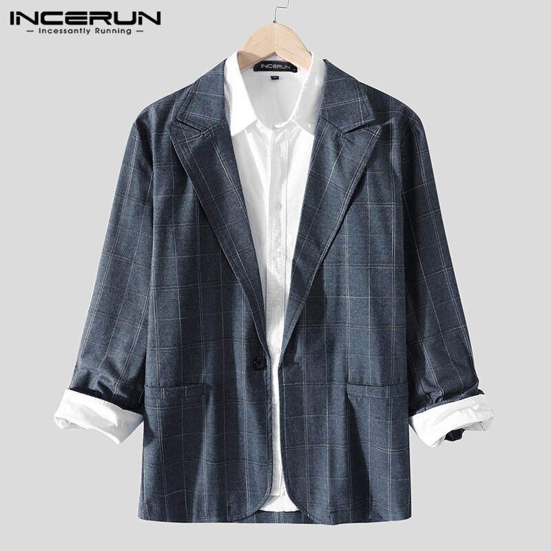 INCERUN Men Plaid Blazers Long Sleeve Turn Down Collar Streetwear Men Casual Suit Leisure Business Jackets Pockets Blazer