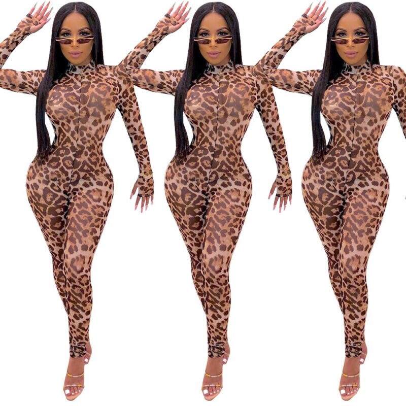 Feminino manga longa leopardo jumsuit manga longa tartaruga pescoço magro macacão feminino casual clubwear festa macacões magros