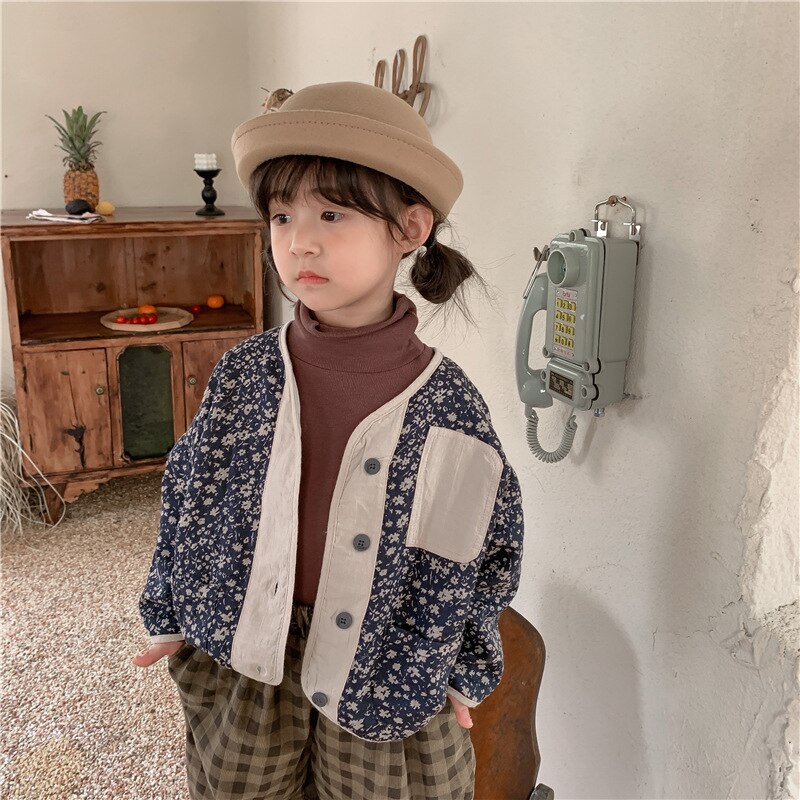 9156 cappotto per bambini giacche retrò autunno inverno 2021 cappotto floreale in cotone per bambina Cardigan superiore Casual retrò da ragazzo cappotto per bambini 1-7 anni: blue / 90cm