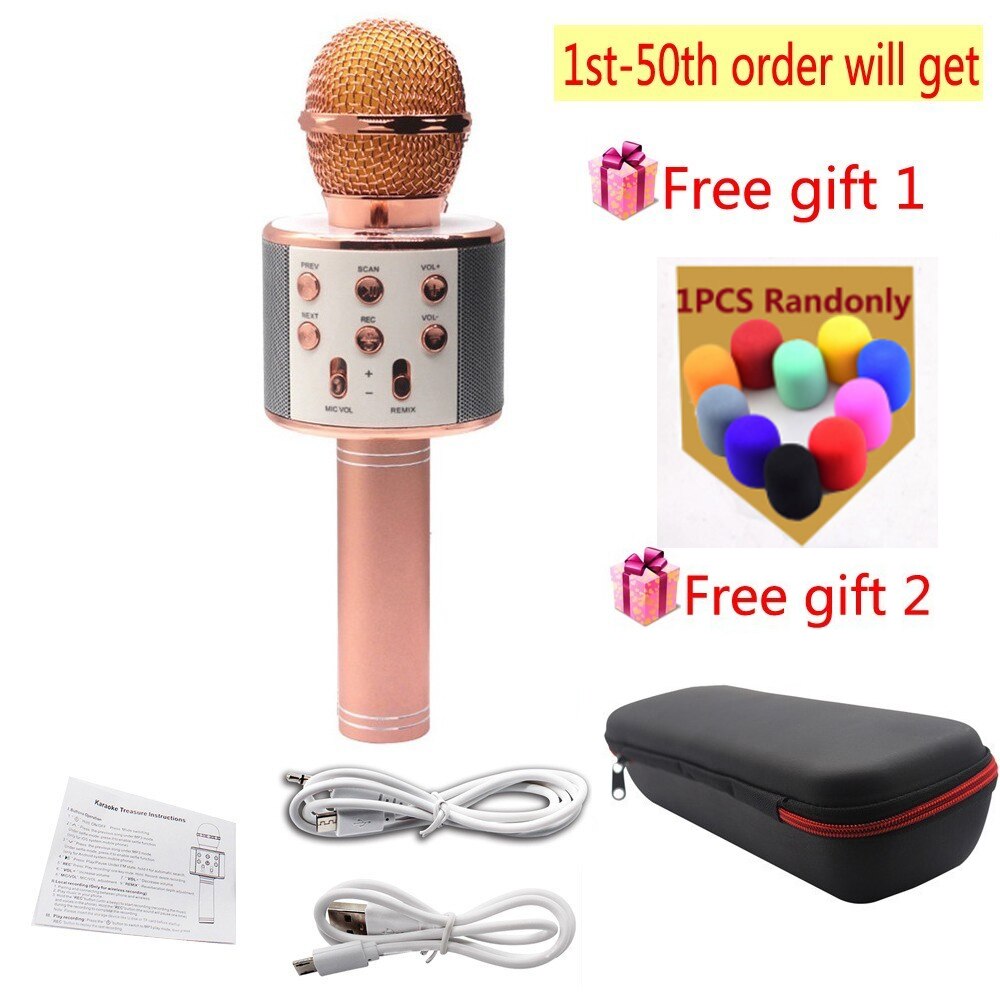 Bluetooth Portable Wireless Condenser Handheld Microphone Built-in Speaker Karaoke mic Compatible With PC/iPad/iPhone/Smartphone: Rose gold 2 gift