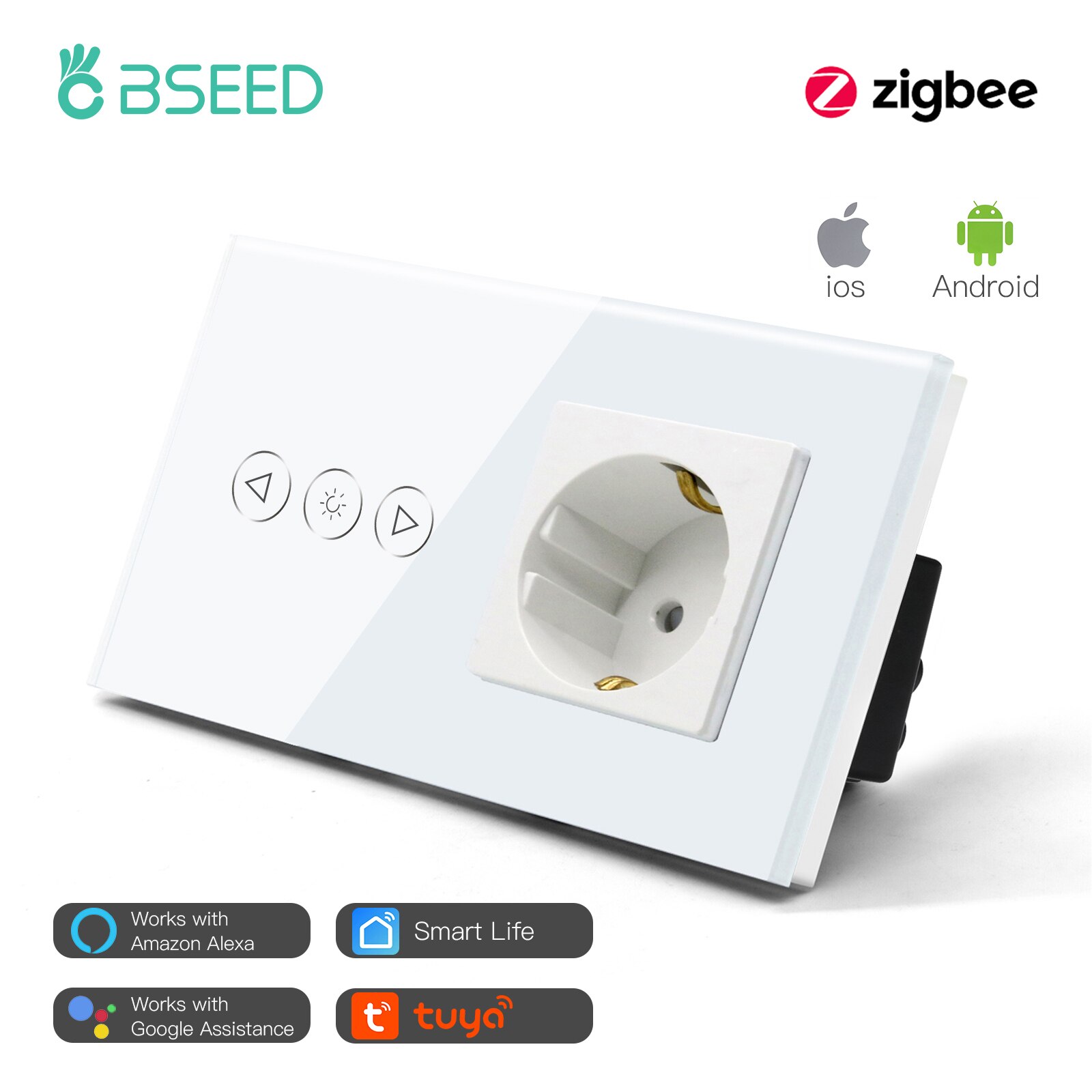 BSEED ZigBee Dimmer Switch Smart Intelligent Touch Light Switch Normal Wall Socket Tuya Smart Life APP Google Alexa Control: White