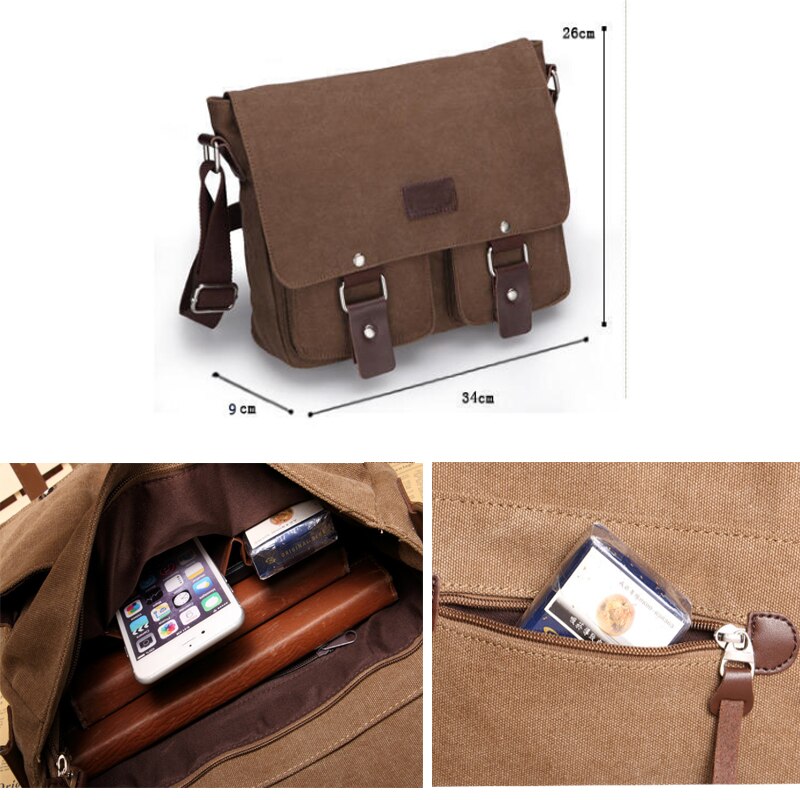 Herentas retro donkergrijs bruine messenger schoudertas klassiek casual 100%  katoenen canvas crossbody tas laptop ipad aktetas