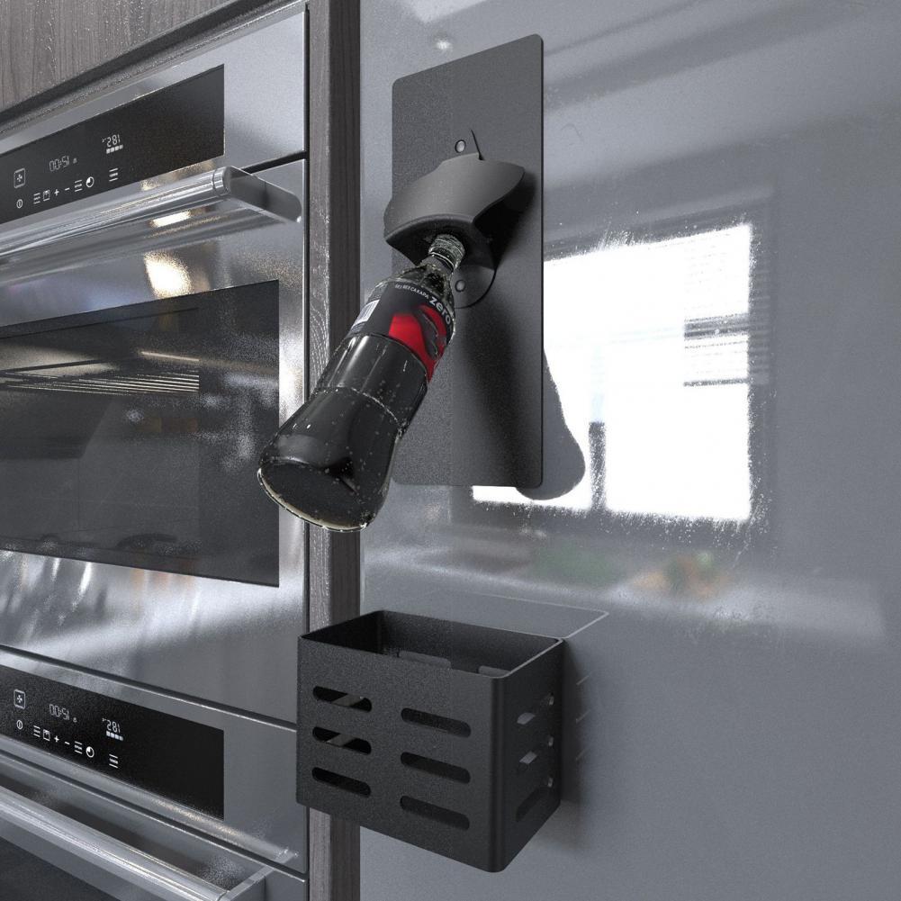 1 Set Beer Bottle Opener Magnetic Wall Mounted Removable Anti-slip Beer Bottle Opener with Cap Catcher for Bar Home Kitchen