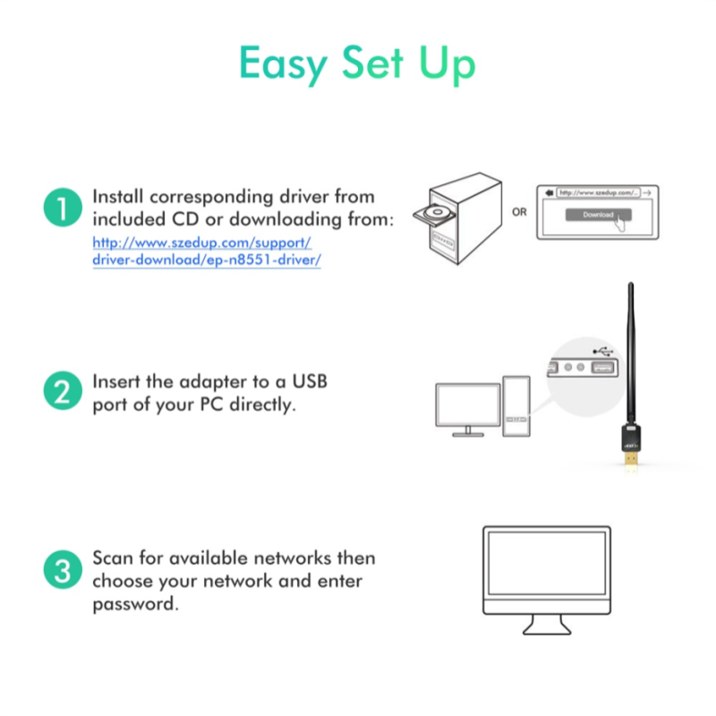 EDUP MS8551 Mini USB WiFi Adaptador 150Mbps Alto Ganho 6dBi Antena MT7601 Chipset Cartão Receptor de Rede Sem Fio de Longa Distância