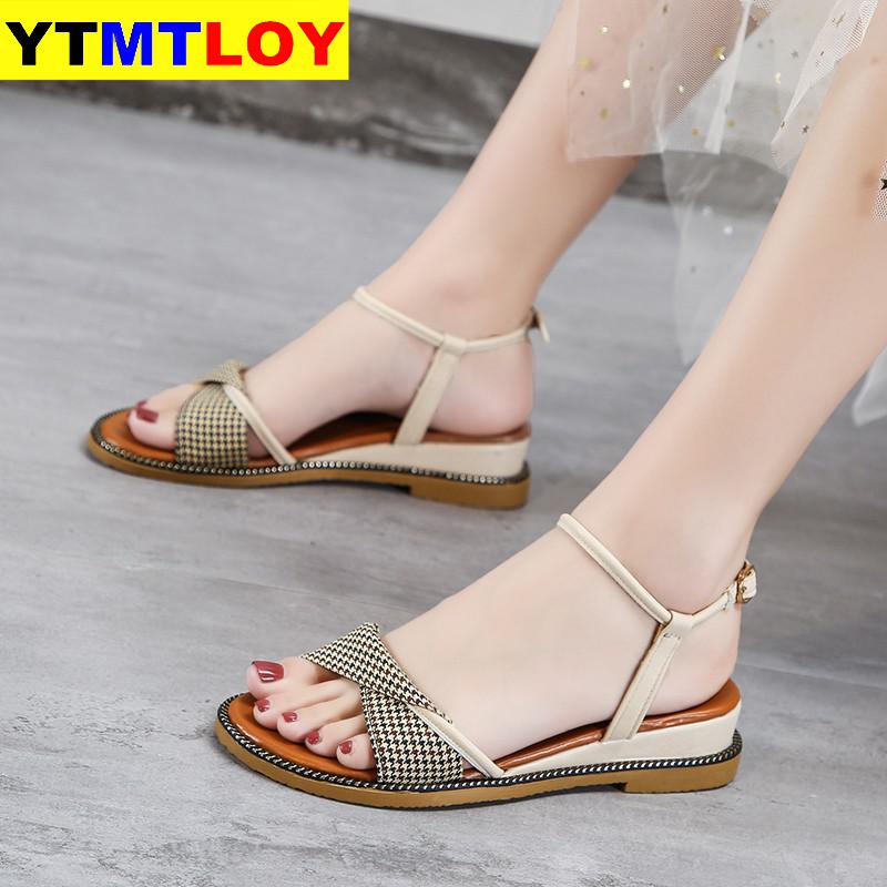 Dam sandaler snörning platt spänne sandaler tofflor dam högklackat tofflor runda huvuden sandaler festskor storlek 35-40