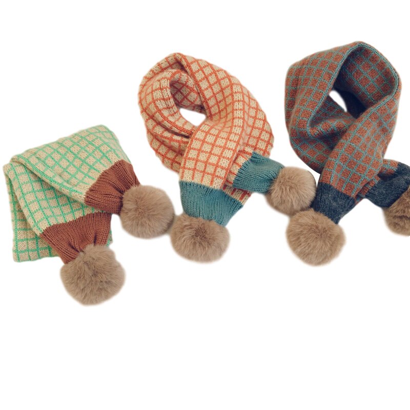 Sciarpa per bambini in pelliccia sintetica per ragazzi ragazze Plaid lavorato a maglia pompon sciarpe per bambini invernali scaldacollo per bambini Unisex sciarpe accessori per bambini