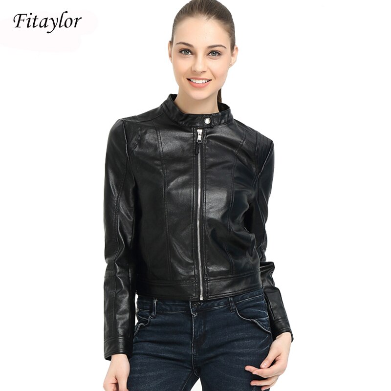 Fitaylor Spring Autumn Women Faux Leather Jacket Biker Coat Black Zippers Outwear Slim Motorcycle Jackets O Neck Bomber Jacket