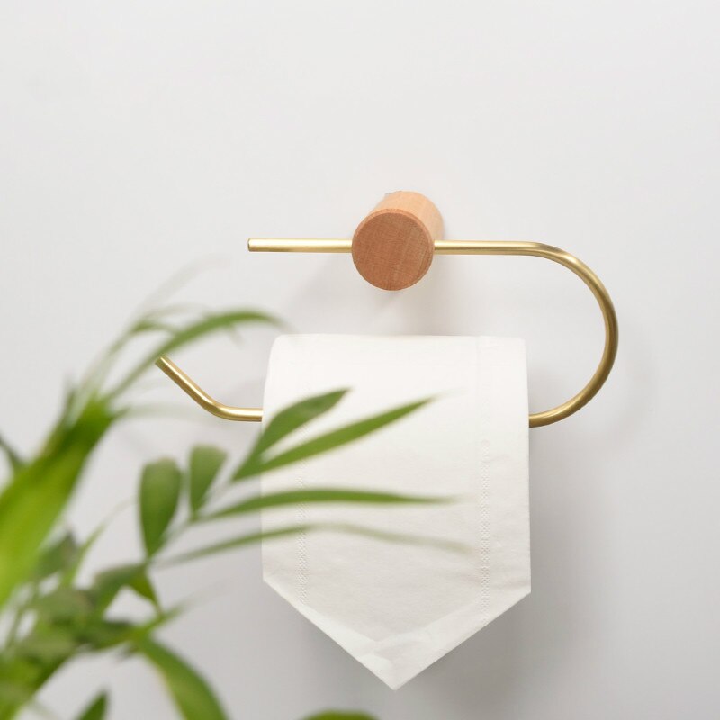 Nordic bathroom paper towel holder roll holder brass toilet paper holder solid wood paper towel rack punching installation