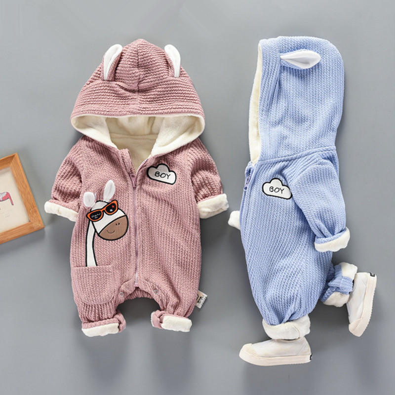 Nyfødt baby romper overalls vinterdyr toddler plus fløjl varm overtøjsfrakke til drenge piger 0-1 års bodysuit