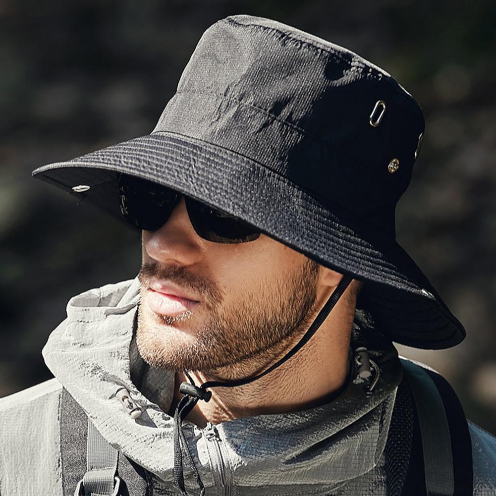 Summer Men Sun Hat Anti UV Sun Windproof Strap Wide Brim Bucket Hat Foldable Portable Travel Cap Fisherman Hat