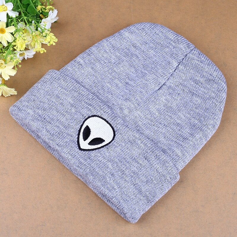 CANCHANGE Autumn Winter Hat Knitted Hat Wool Women Solid Color Alien Pattern Beanies Soft Cap Men Women Hats Christmas: Grey