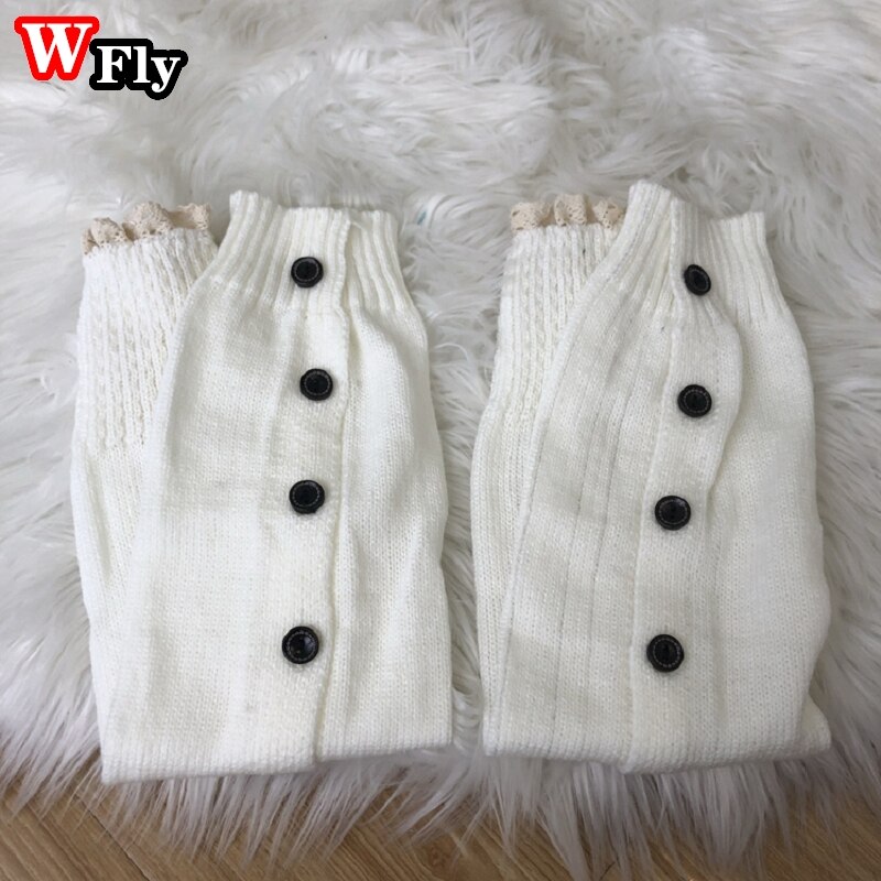 Calentadores de pierna con botón para mujer, medias, calentador de piernas JK Lolita Kawaii, tejido de lana, calentador de piernas, conjunto de botas de manga: white