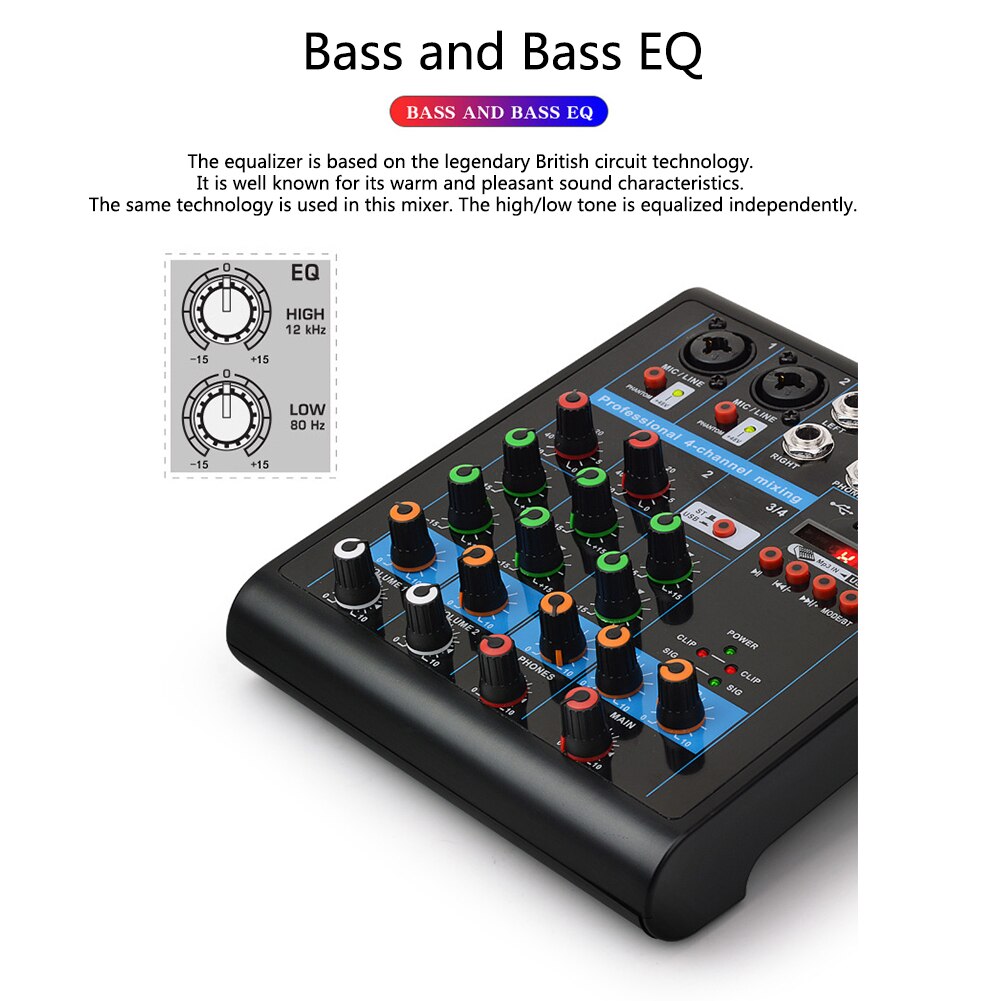 4 Channels Mini Mixer Studio Sound Mixing Console Karaoke Stereo Portable Live KTV Bluetooth Party USB Audio