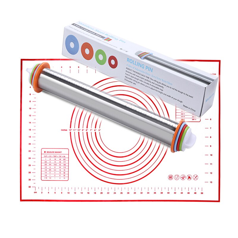 17inch Verstelbare Rvs Deegroller Met Deeg Mat Deeg Roller met 4 Verwijderbare Verstelbare Dikte Ringen