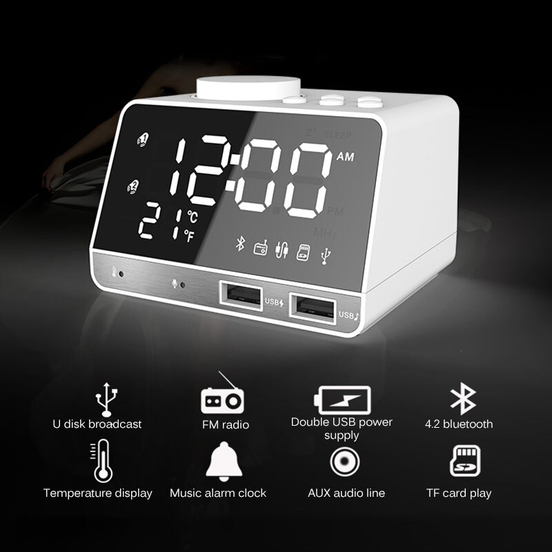 LED Digital Dual Alarm Spiegel Uhr Drahtlose Bluetooth Bass Lautsprecher FM Radio + 2 USB Ladegerät Häfen Musik Schlummern temperatur
