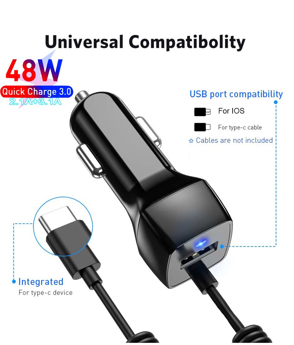 48W Usb Snelle Autolader Stretch Kabel Adapter Voor IPhone13 12 11 Pro Max Samsung Galaxy Note20 Android Type-C Auto-oplader