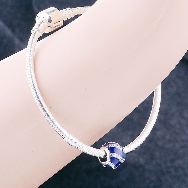 Fit Original Brand Charm Bracelet 925 Sterling Silver Blue Enamel Stripe Zirconia Crystal Bead For Making Women Berloque