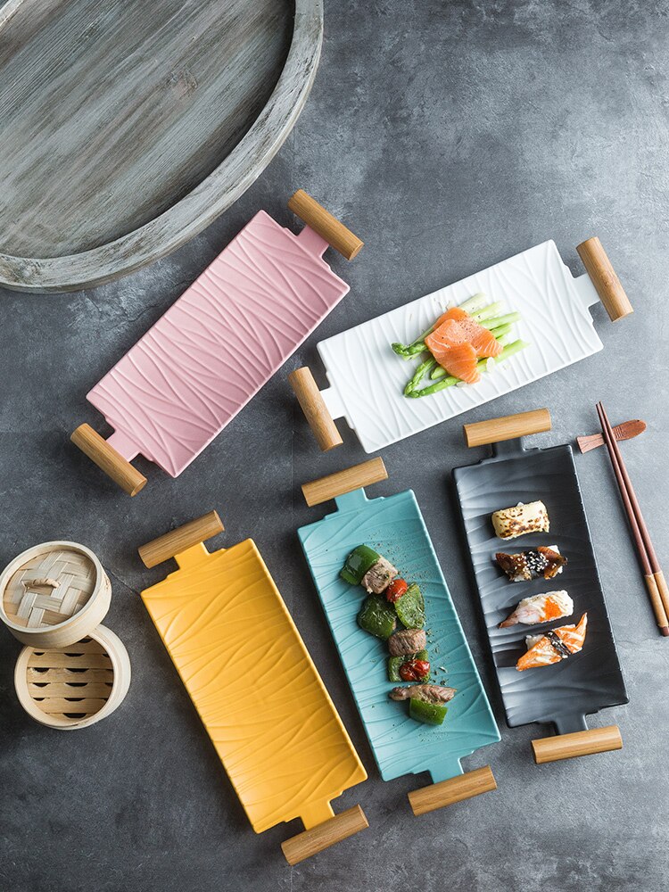 Nordic Ceramic Rectangular Sushi Long Plate Dessert Cake Snack Salmon Roast Meat Chicken Wings Plate With Handle Dinnerware