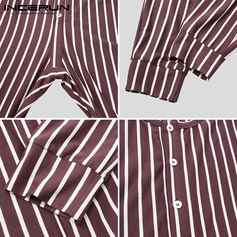Incerun Mannen Gestreepte Pyjama Jumpsuits Lange Mouwen Button Up Leisure Homewear Rompertjes Cozy O Hals Heren Nachtkleding Overalls S-5XL