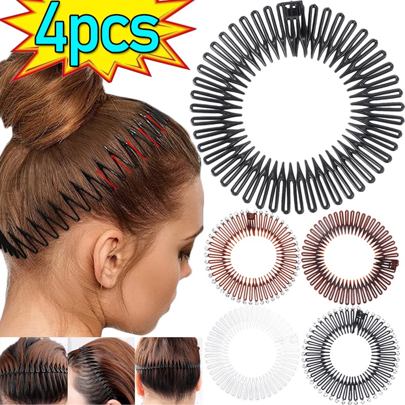 1-4 Uds. Peine Flexible de diamante elástico de círculo completo de plástico con diamantes de imitación para mujeres y niñas accesorios para el cabello con dientes circulares de plástico flexibles