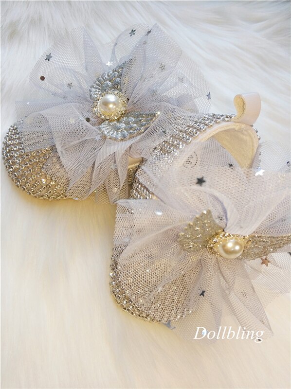 Original bebé hecho a mano azul estrellas gasa perla alas cristal zapatos princesa cumpleaños banquete Luna Llena foto de 100 días