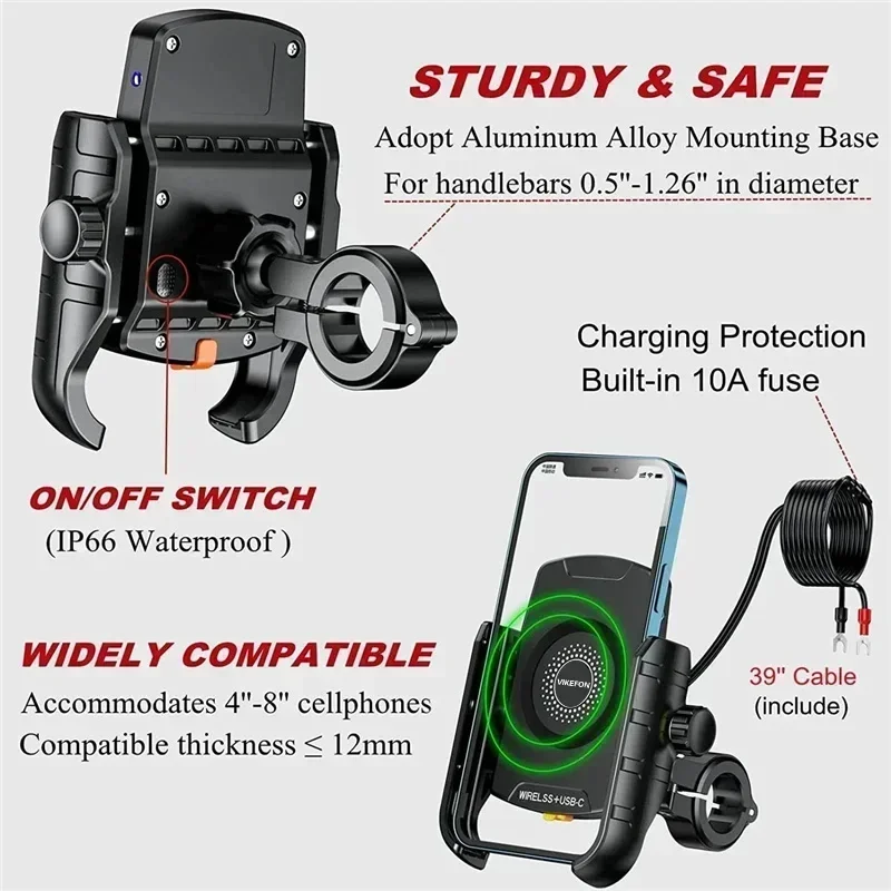 Motorfiets telefoonhouder met draadloze oplader, motorspiegel, mobiele telefoonhouder, usb-snellader, draadloze telefoonhouder