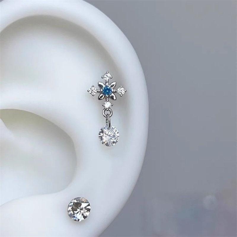 1 stücke glänzend Kreuz Blau Zirkon 316L Edelstahl Ohr Knochen Nagel Y2K Silber Farbe Ohrring für Frauen Cochlea zubehör