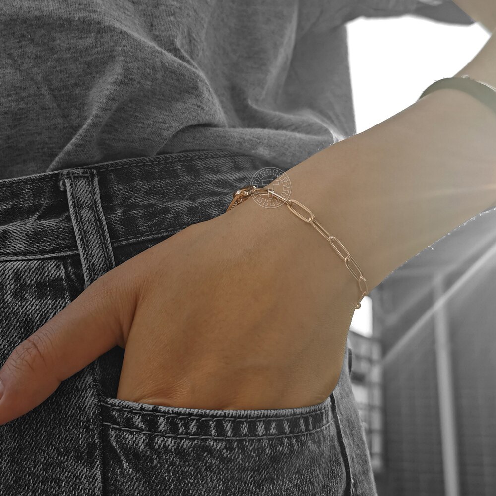 4mm mulheres meninas paperclip rolo link pulseira 585 ouro rosa enchido corrente moda jóias 20cm cb60