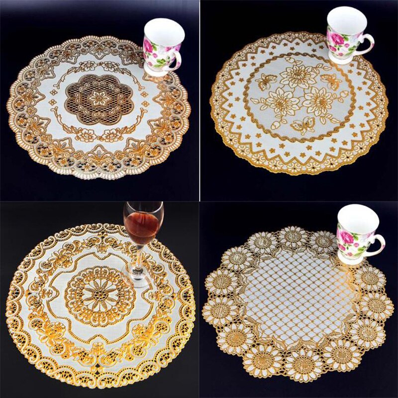 2022 heiße Spitze PVC Gold Kunststoff Tabelle Ort matt Pad Tuch Tasse Hochzeit Speise Tee Kaffee Bahn Tischset Becher Deckchen trinken Küche