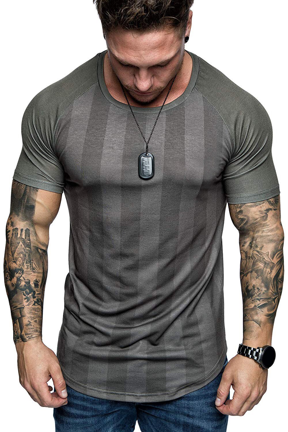 Heren populair korte mouwen t-shirt verticale streep retro ronde hals manchet slim t-shirt heren