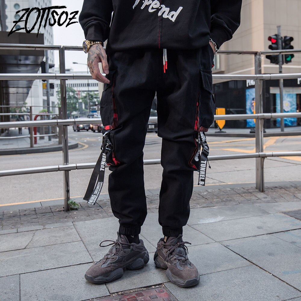 Mens Harem Joggers Cargo Sweatpants Streetwear Hip Hop Multi Pockets Ribbon Sweat Pants Mens Harajuku Casual Trousers