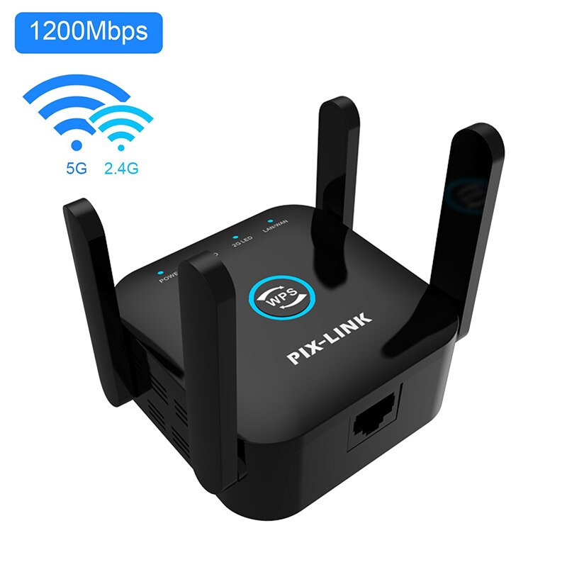 PIXLINK 2.4Ghz/5Ghz WiFi Repeater Wireless Long Range Extender AC1200 Network Booster Amplifier Rourter&#39;s Signal 300/1200Mpbs: UK plug / 1200M 2.4G 5G Black