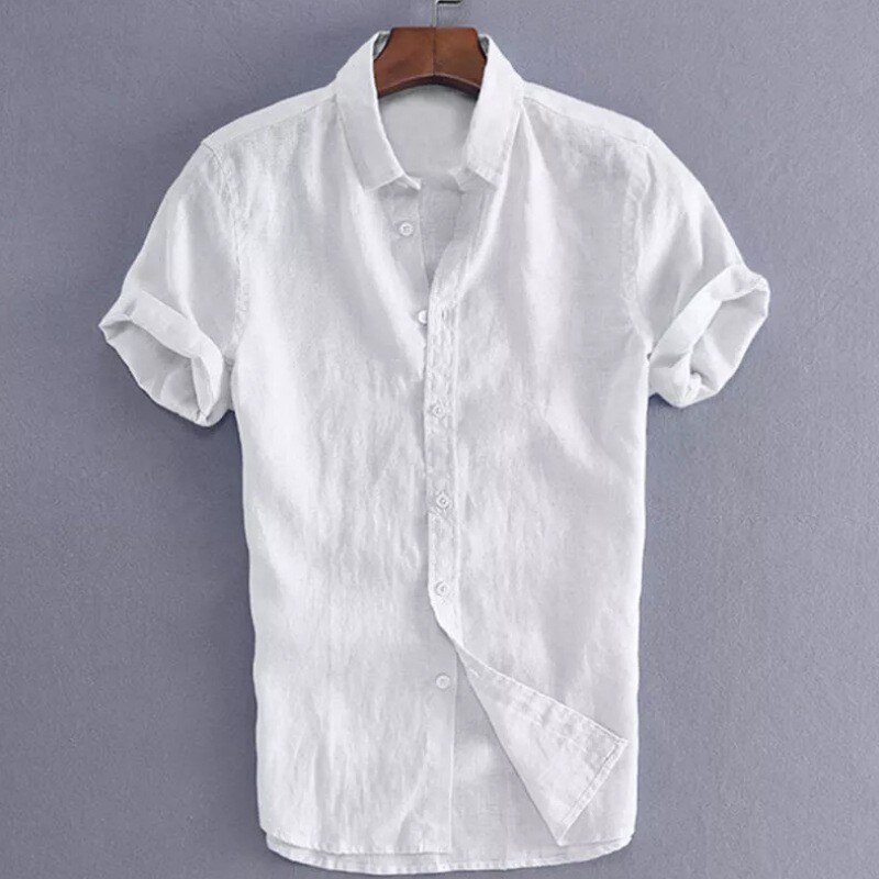 Menn fritidsskjorte i bomullslin herre hvite kortermede skjorter menn sommer ensfarget skjorte topper m -3xl: Hvit / Xxl