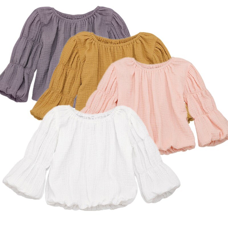 4 Kleuren Baby Meisjes Lantaarn Mouwen Tops Shirts Blouse Warm Ronde Hals Herfst Kleding