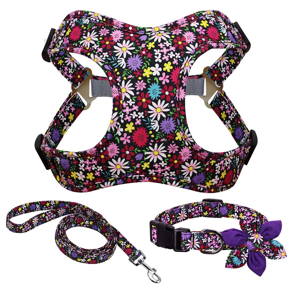 French Bulldog Harness Leash And Collar Set Printed Pull Dog Harness Leash Collar Vest Small Large Dogs Medium Set For