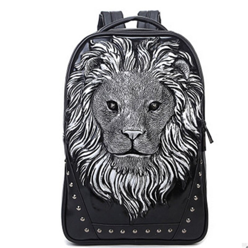 Halloween Party Tide Men Personality Animal Print Backpack Gothic Motorcycle 3D Lion Prints Backpack: Silver