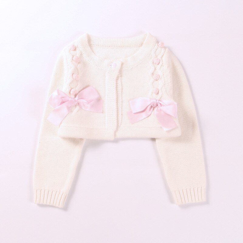 Lente Meisje Modieuze Kid Gebreide Trui Vest Ronde Hals Lange Mouw Boog Sjaal Korte Jassen: WHITE / 100