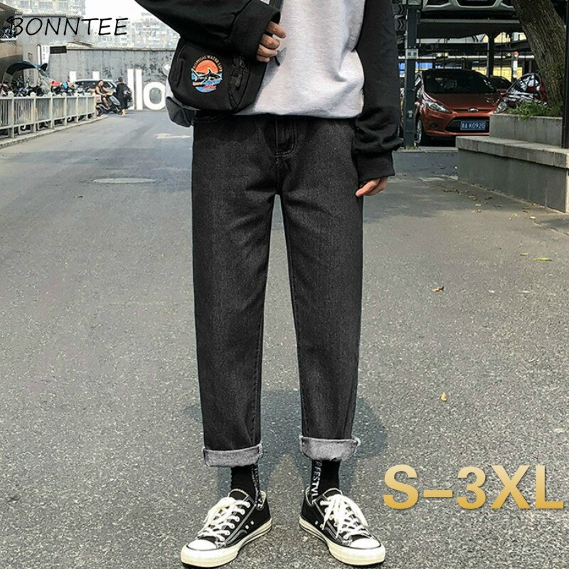 Menn jeans solid enkel rett all-match ankellange dongeribukser herre løs fritid trendy koreansk stil street-wear ulzzang