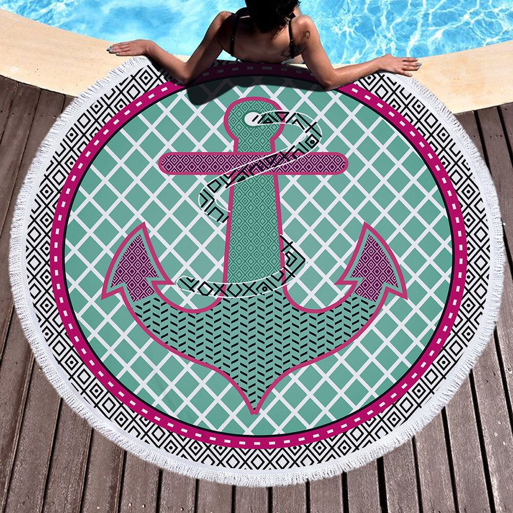 Serviette De Plage ronde en tissu éponge imprimé microfibre avec pompon, motif tortue, tête De mort et Mandala: 03