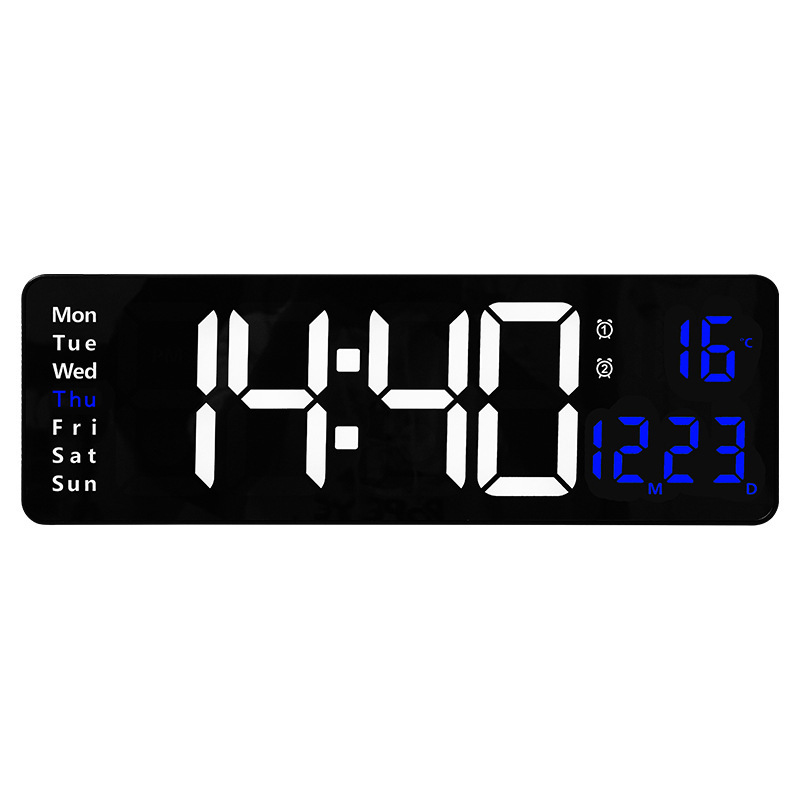 Horloge murale numérique avec télécommande, grand écran Led, Date, semaine, température, heure, compte à rebours, alarme, décoration pour la maison et le bureau,: Blue temperature