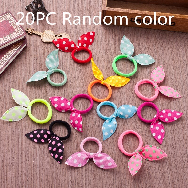 10pcs/20pcs/Set Children Hair Band Cute Polka Dot Bow Rabbit Ears Girl Ring Scrunchy Kids Ponytail Holder Hair Accessory: 20Pc Random colors