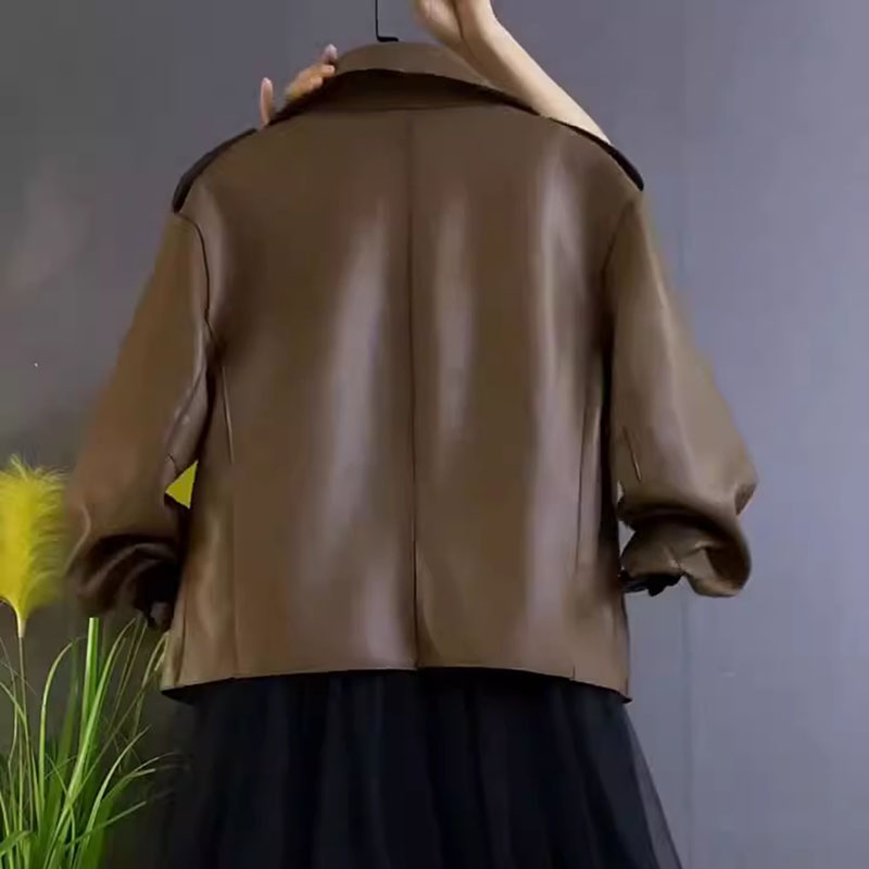 Oversized Lederen Jas Voor Dames Herfst Retro Motorfiets Biker Jack Losse Lange Mouwen Casual Korte Luxe Pu Lederen Bovenkleding