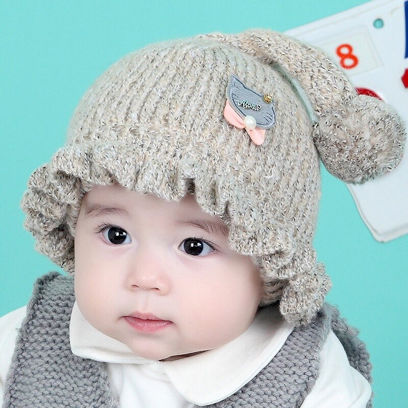 Winter Baby Hat Cartoon Long Tail Pompon Cat Newborn Baby Girl Boy Knitted Cap Winter Warm Earmuffs Wool Infant Kids Hat