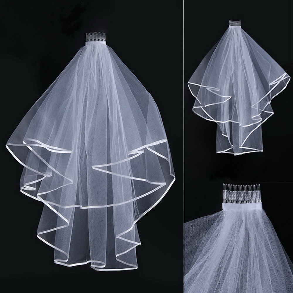 Einfache und Elegent Hochzeit Schleier Braut Tüll Schleier mit Kamm und Spitze Band-Rand Weiß Elfenbein
