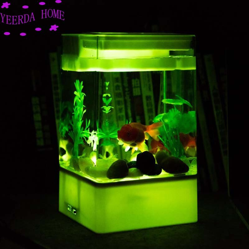 Multicolour Fish tank met LED light + USB Mini Kleine acryl plastic Aquarium bureau transparante Vis kom Originaliteit